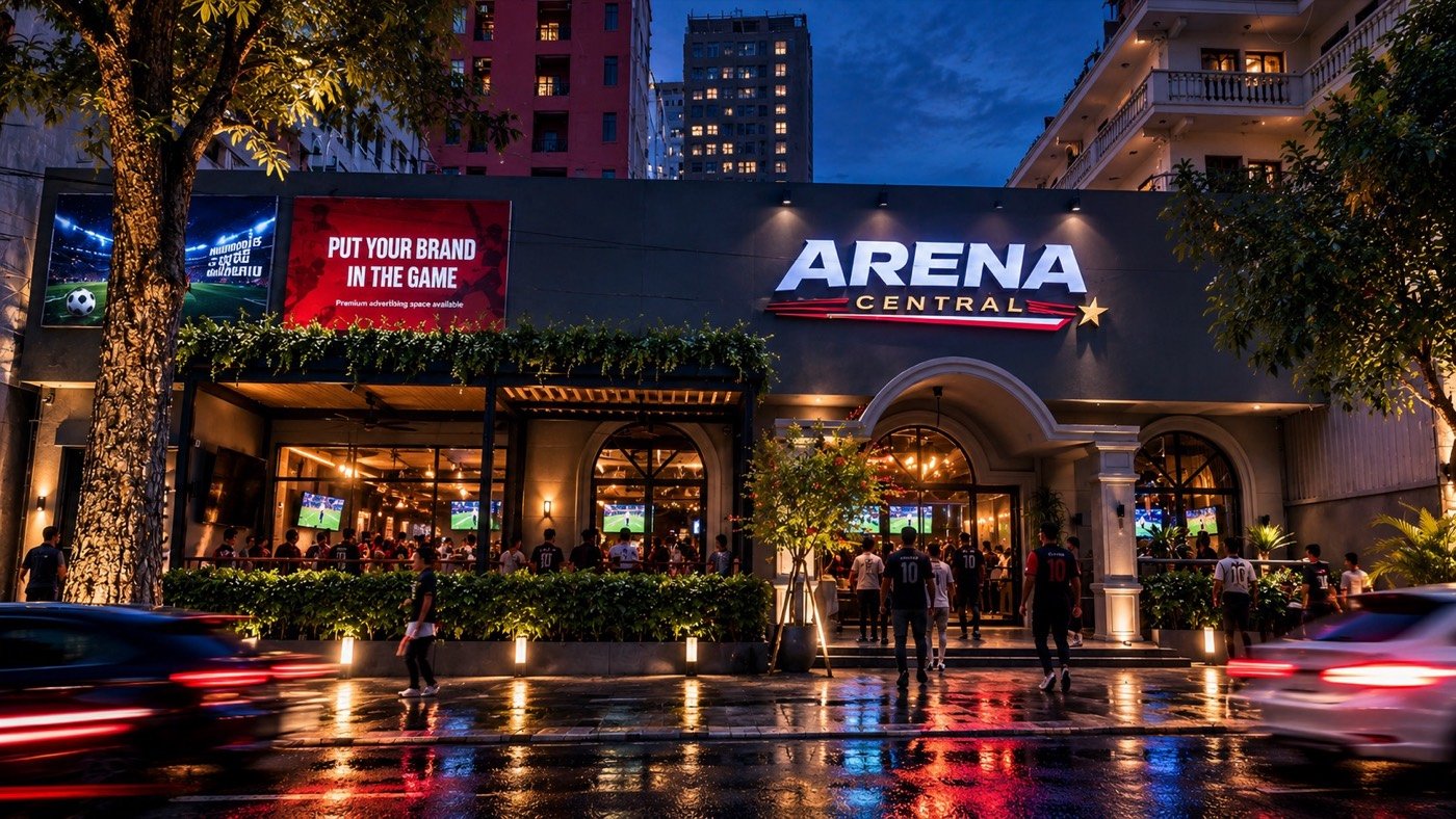 Arena Central storefront facade at night